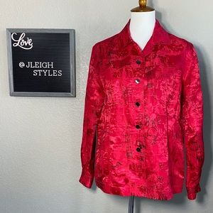 Vintage Chico’s Fire Red Silk Linen Folklore Hand Paint Art Jacket Jacket Med